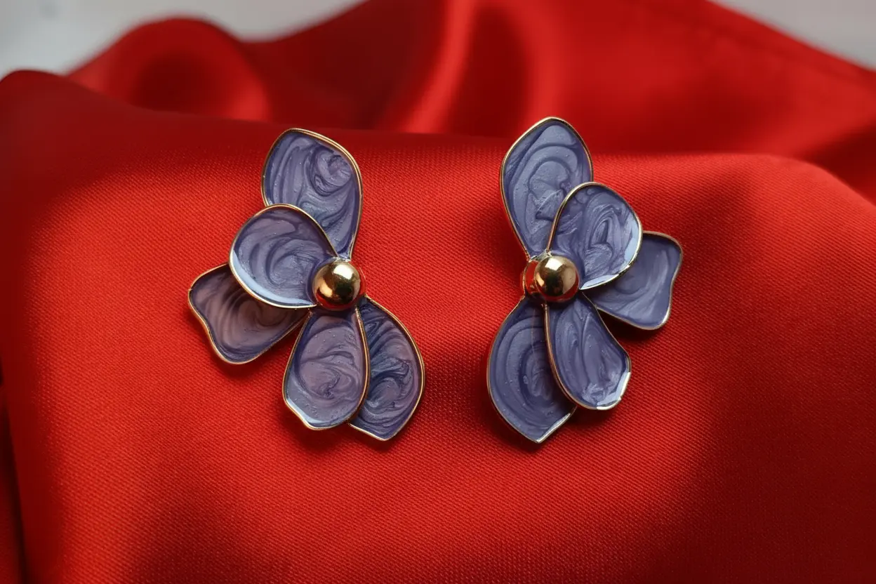 Golden Purple Petal Floral Stud Earrings